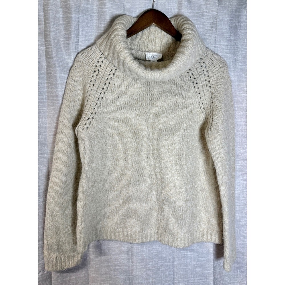 LOFT Women's Beige Cowl Neck Chunky Knit Sweater Long Sleeve Cozy Warm Size M